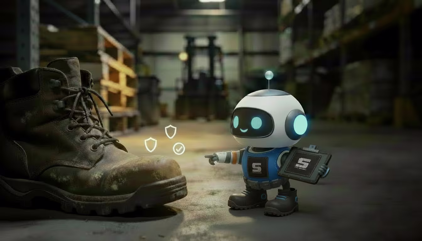 Een robot met schoenenvanstaal kleding die wijst naar een werkschoen