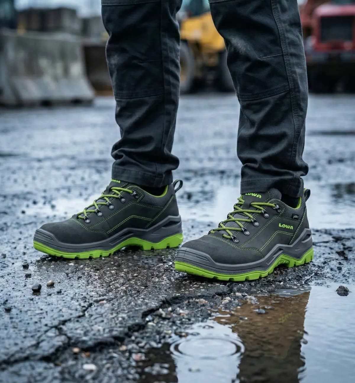 Atmospheric image of Lowa Renegade Work GTX Green low on a construction site