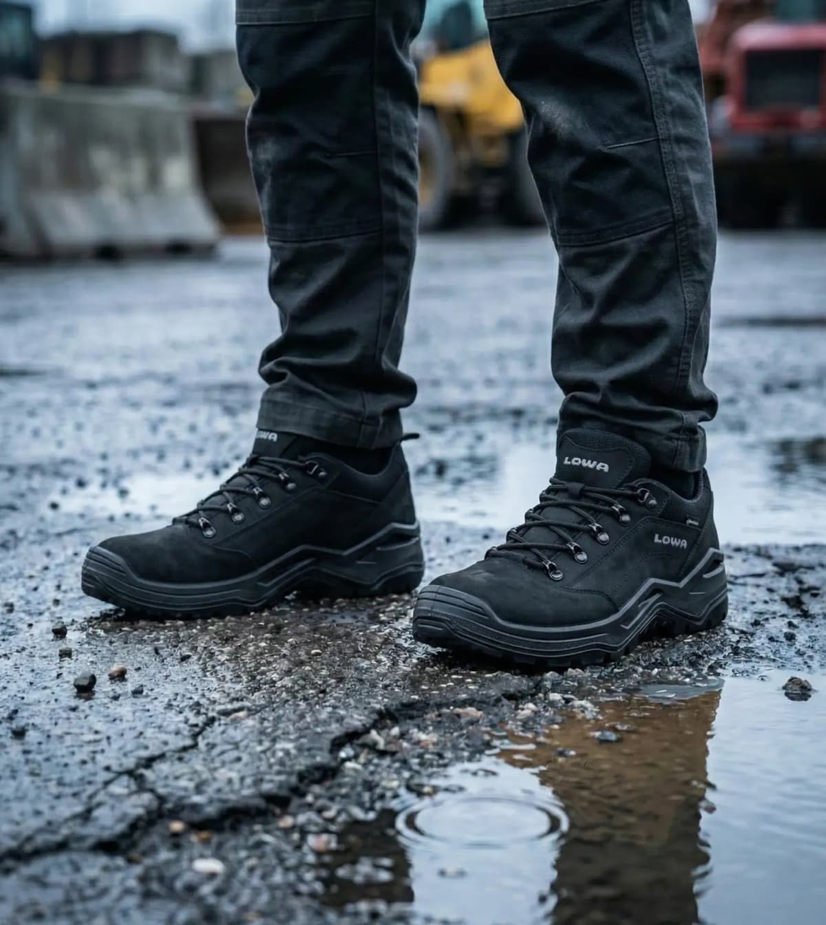 Sfeerafbeelding Lowa Renegade Work GTX Black Low op natte bouwplaats