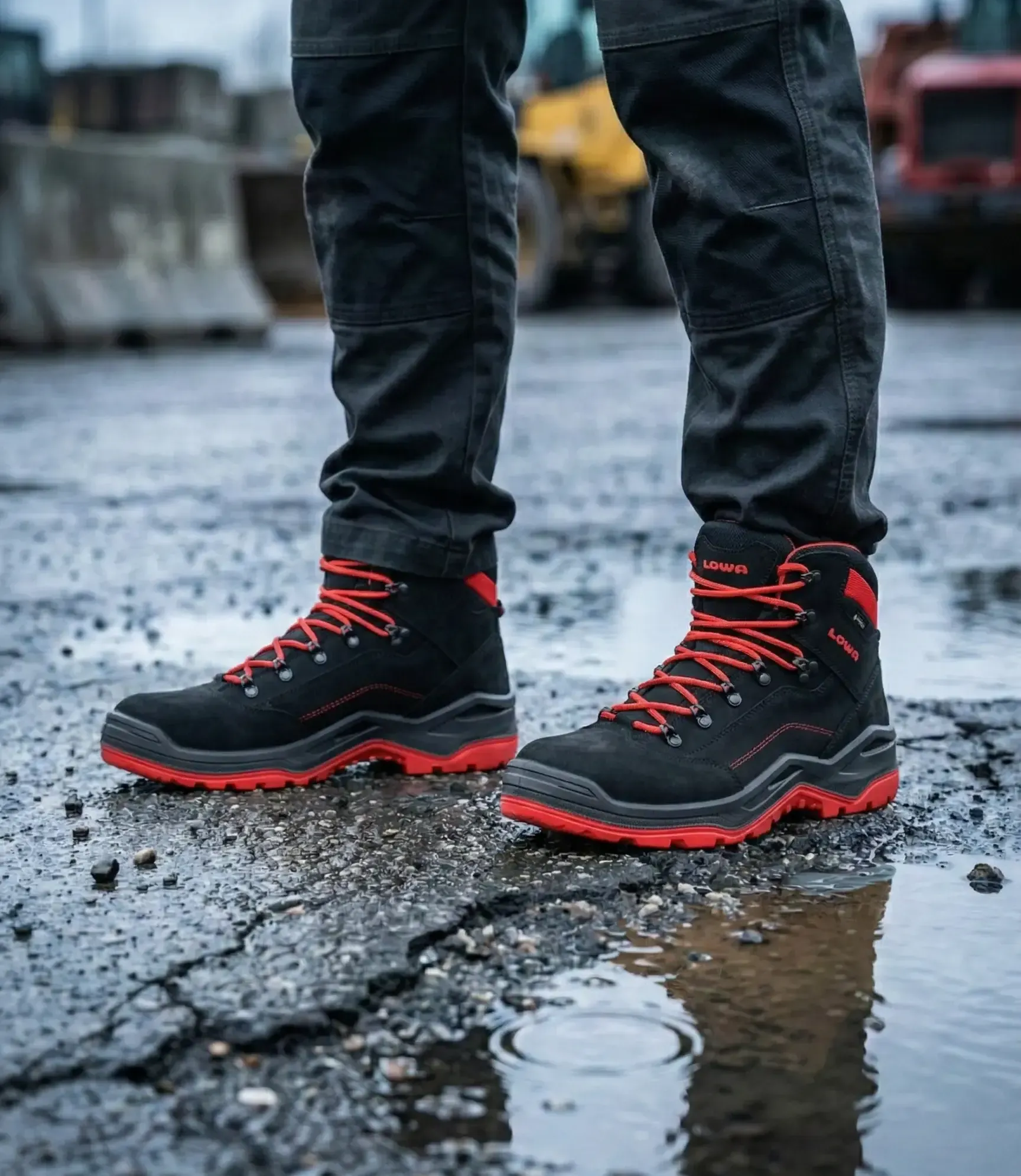 Sfeerafbeelding Lowa Renegade Work GTX Red op natte bouwplaats