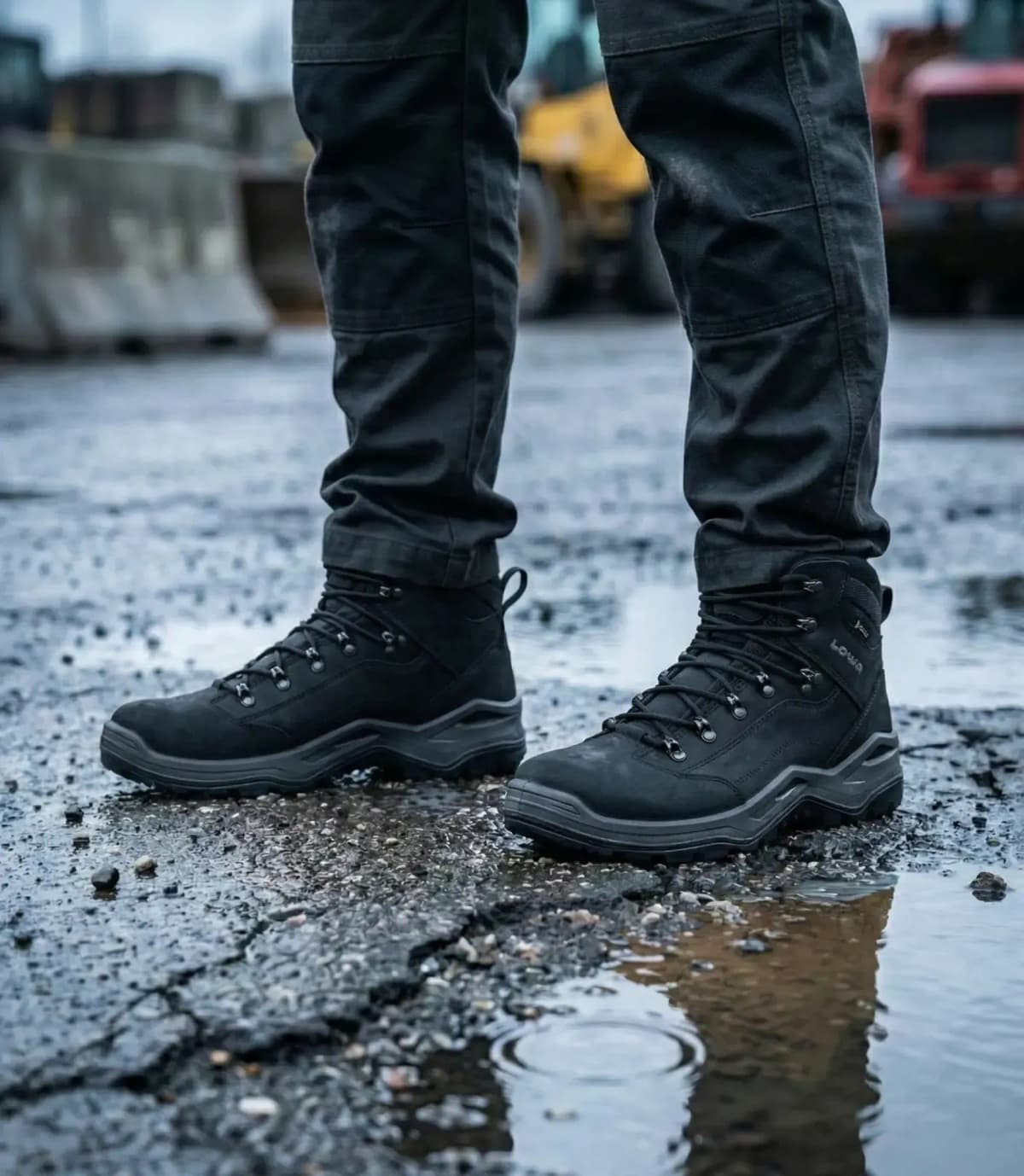 Sfeerafbeelding Lowa Renegade Work GTX Black op natte bouwplaats