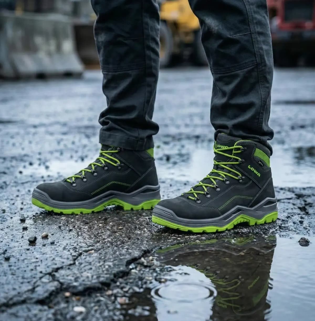 Sfeerafbeelding Lowa Renegade Work GRX Green Mid op natte bouwplaats