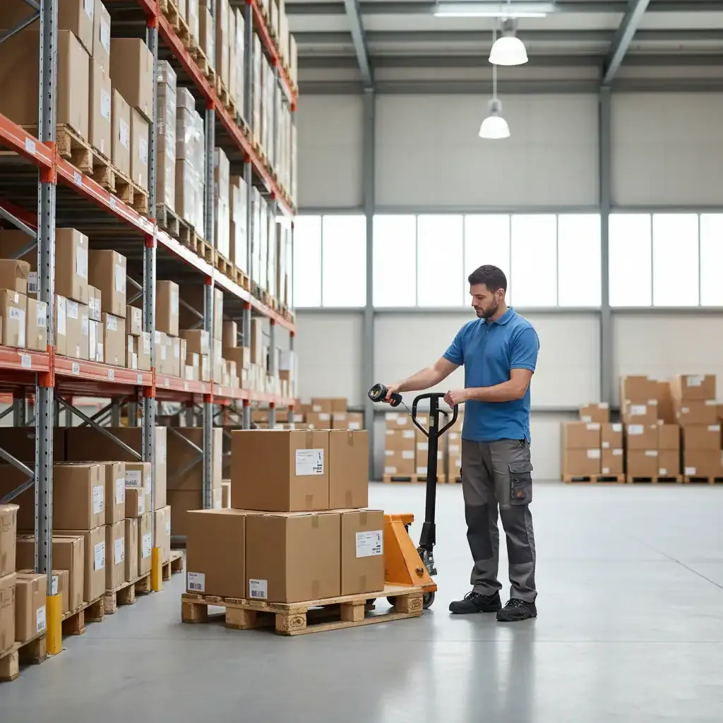magazijnmedewerker met een pallet voor een schap