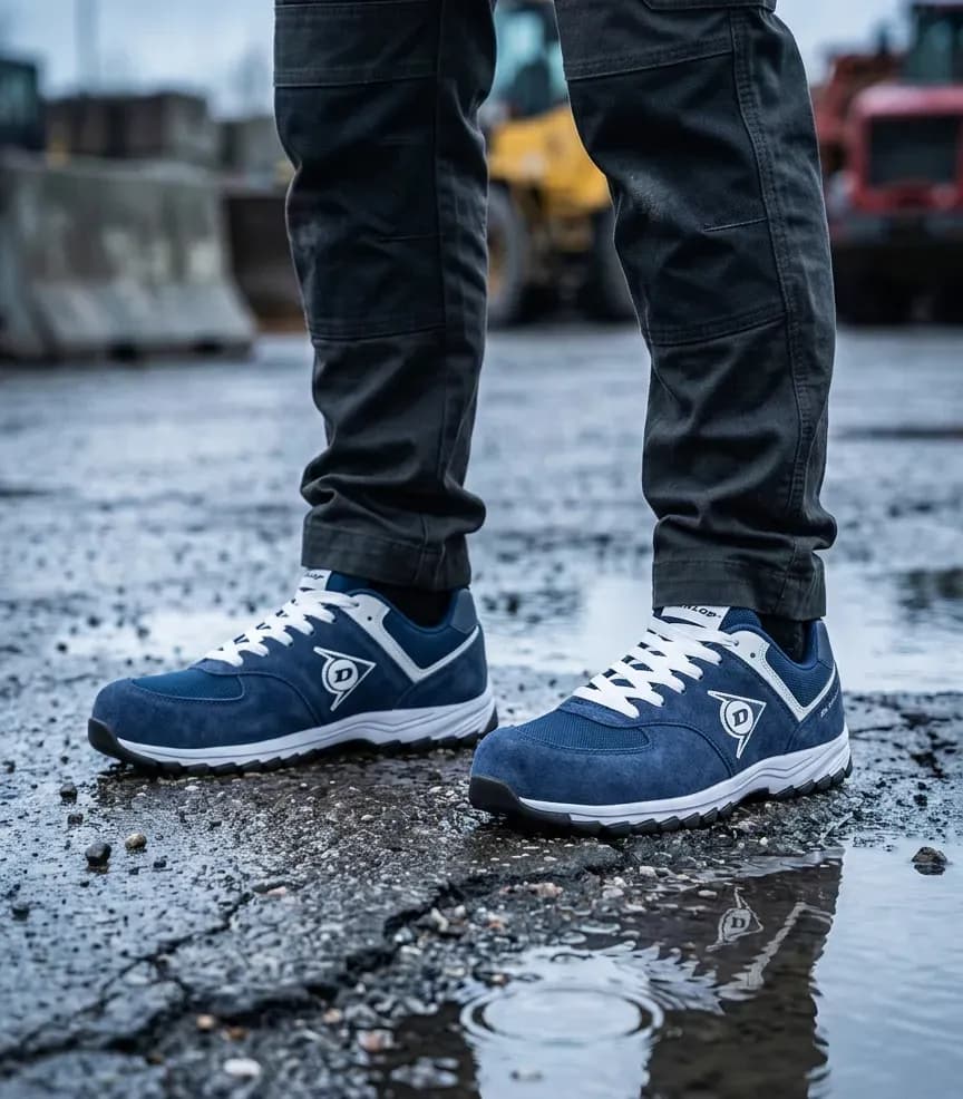 Sfeerafbeelding Dunlop Flying Arrow veiligheidssneaker navy op natte bouwplaats