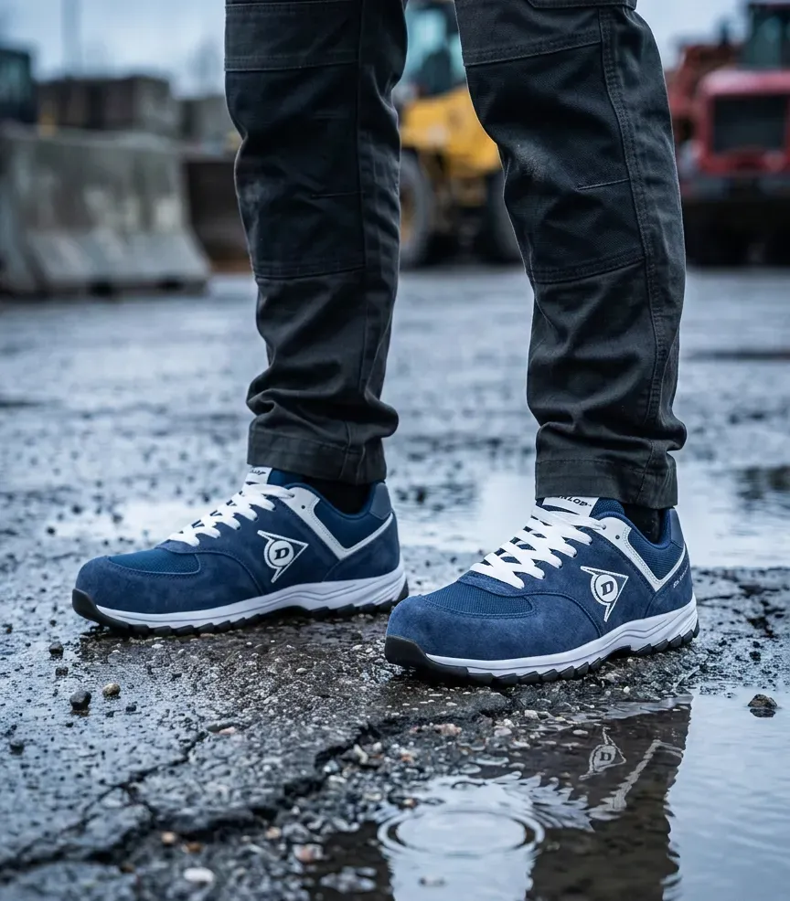 Sfeerafbeelding Dunlop Flying Arrow veiligheidssneaker navy op natte bouwplaats