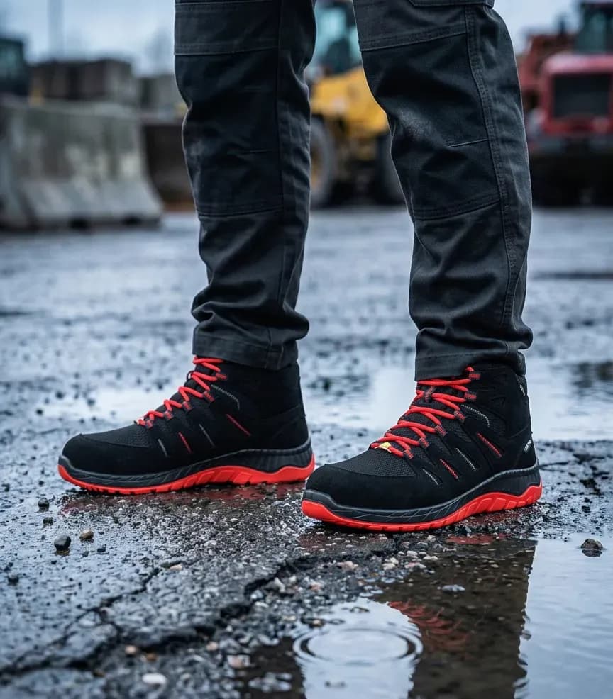 Sfeerafbeelding Elten Maddox gtx W black red Halfhoog op natte bouwplaats