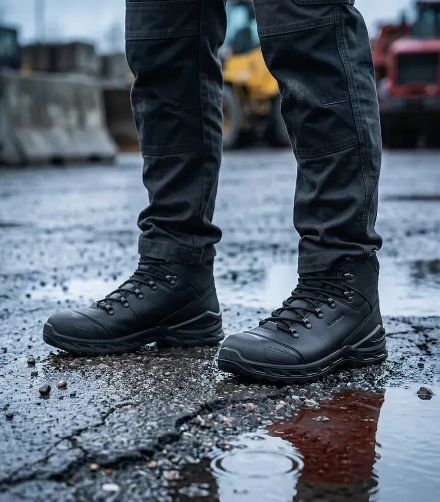 Atmospheric image of Lowa Leandro work lx pro gtx Mid-height on a wet construction site