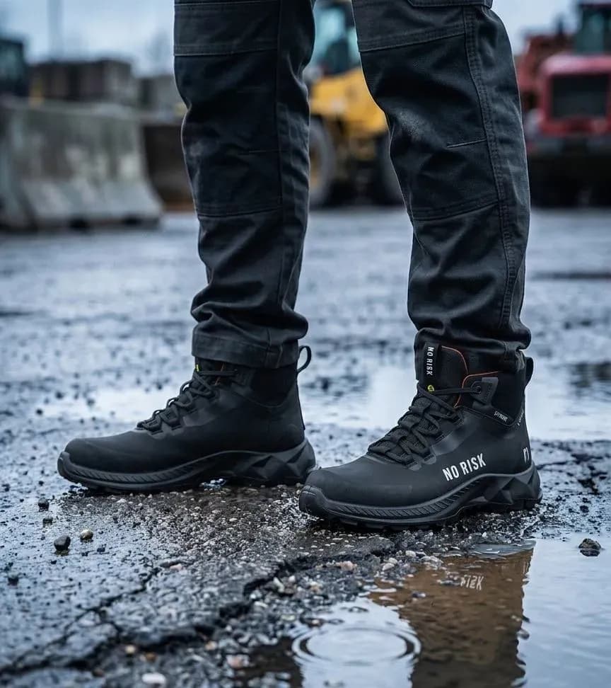 Sfeerafbeelding No Risk X-treme Mid Black op natte bouwplaats