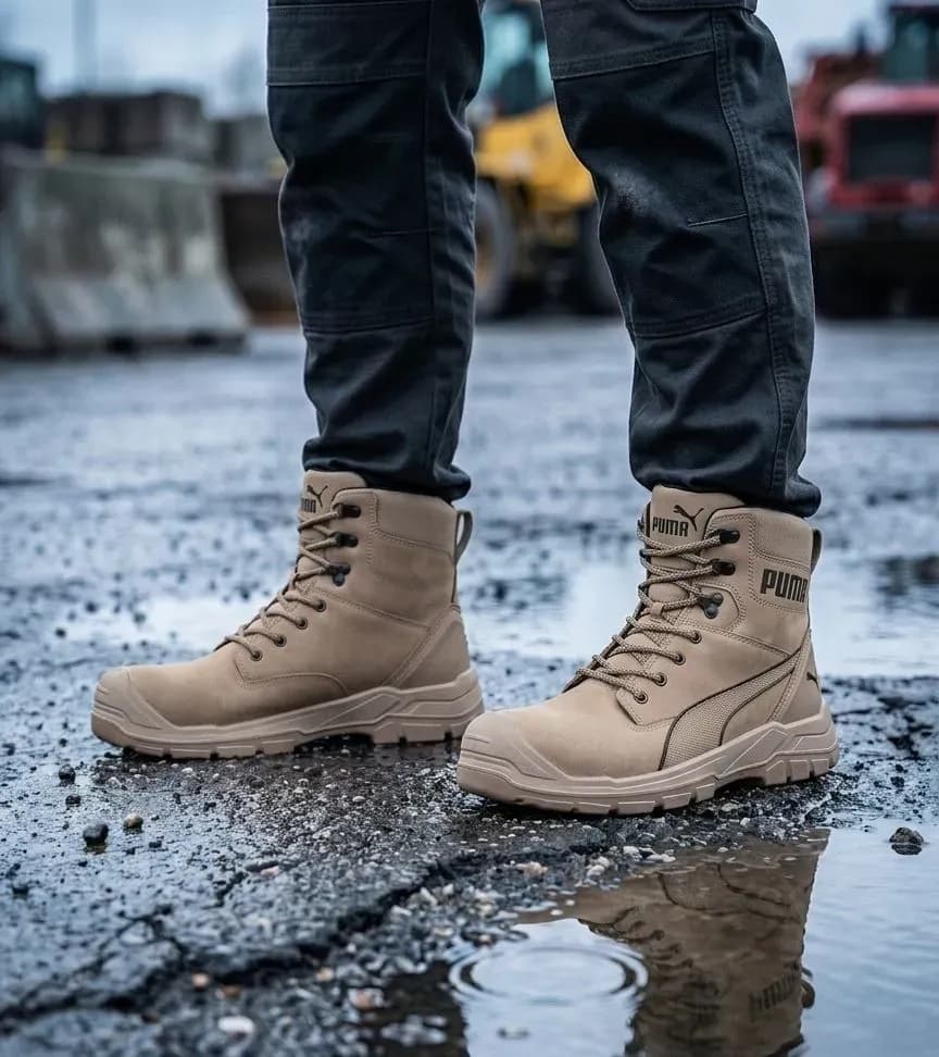 Atmospheric image of Puma Conquest Stone High 630740 S3 on a wet construction site