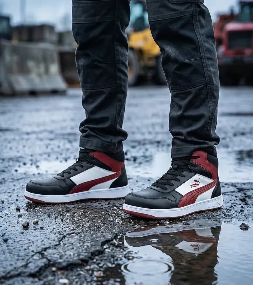 Sfeerafbeelding Puma Frontcourt Zwart/Wit/Rood op natte bouwplaats