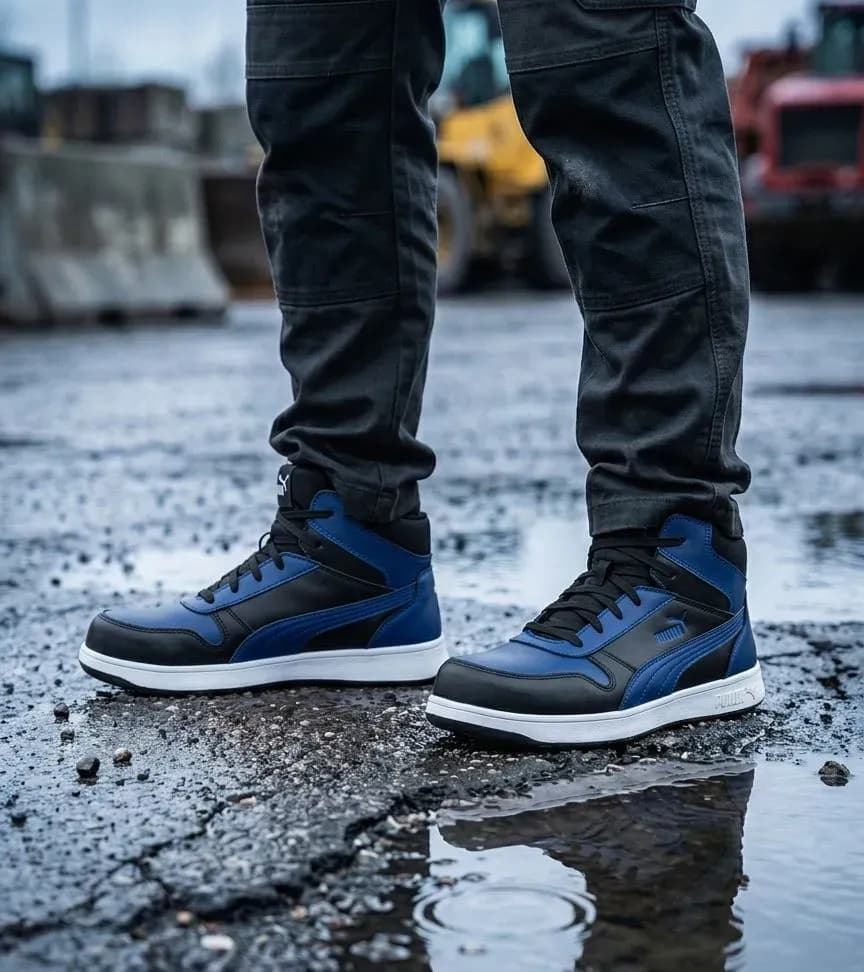 Sfeerafbeelding Puma Frontcourt Zwart/Blauw op natte bouwplaats