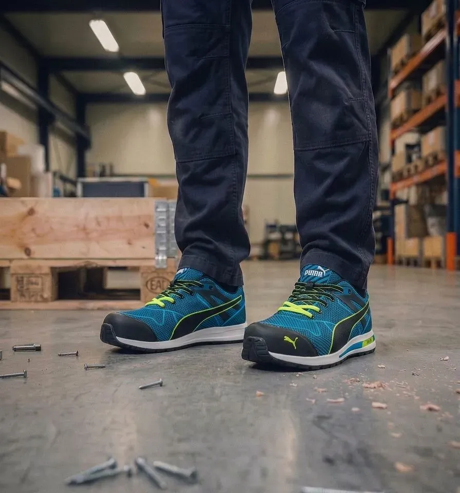 Atmospheric image of Puma Safety Blaze Knit 643060 Low S1P on a wet construction site