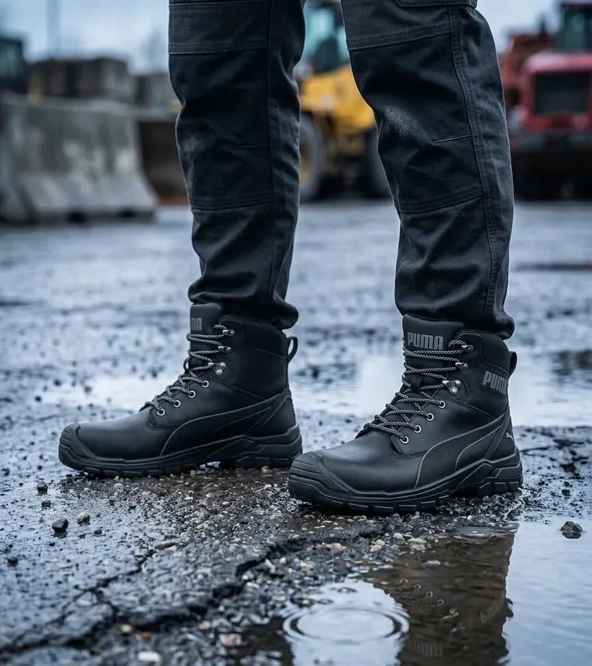 Atmospheric image of Puma Safety Conquest CTX High 630730 S3 on a wet construction site