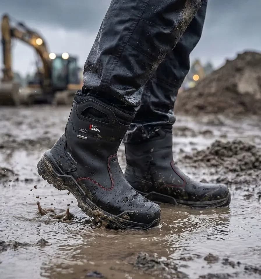 Sfeerafbeelding Redbrick Boot Zwart Gevoerd op natte bouwplaats