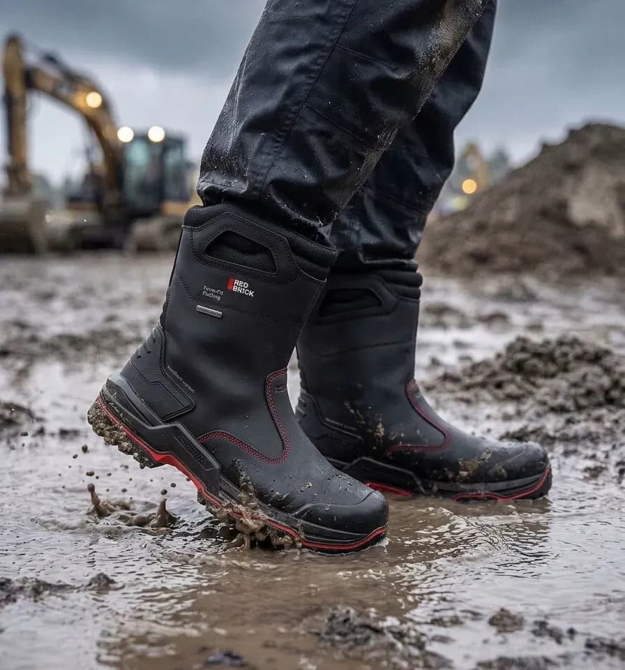 Sfeerafbeelding Redbrick Boot Zwart op natte bouwplaats
