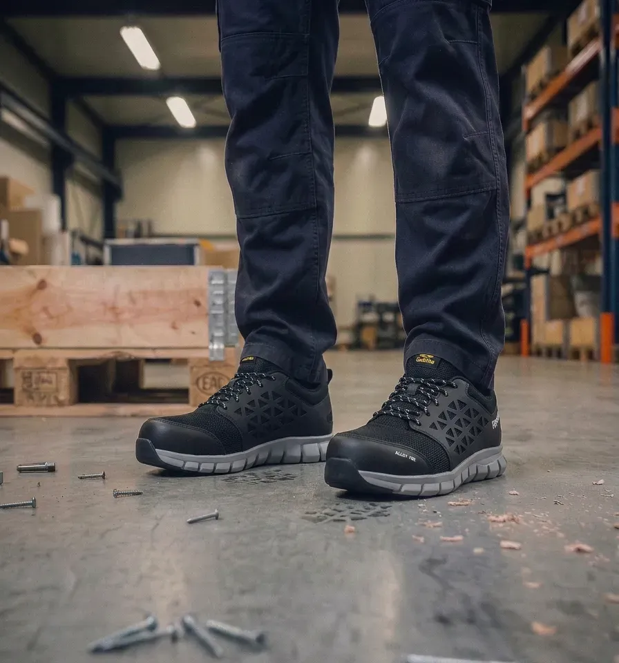 Atmospheric image of Reebok 1031 Excel Light on a wet construction site