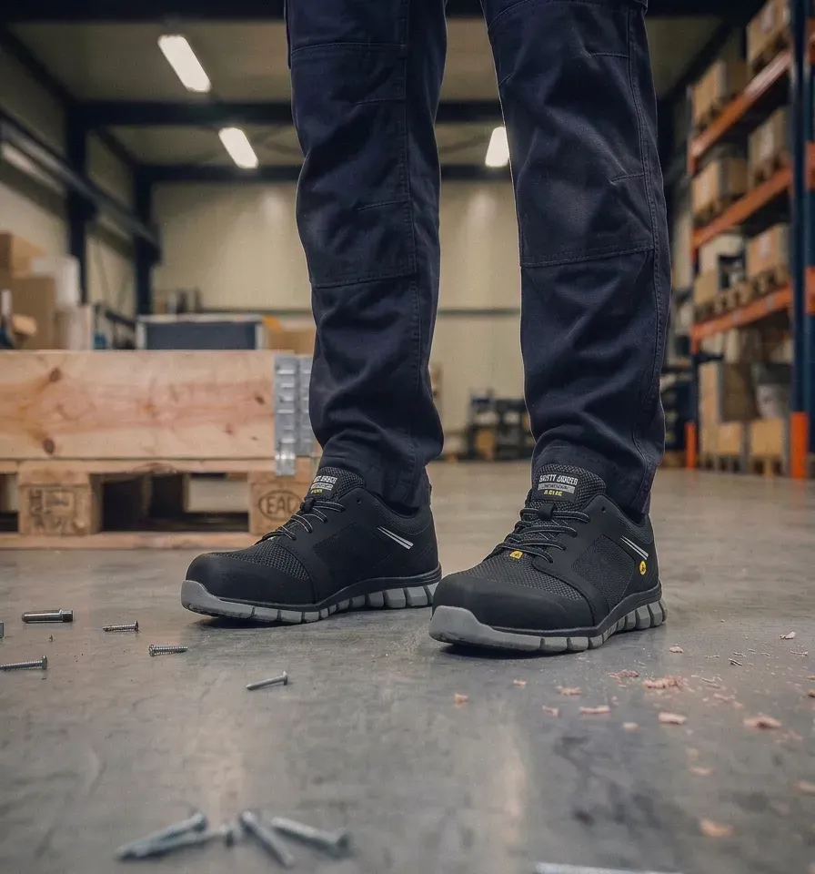 Obrazek atmosferyczny Safety Jogger Ligero Black na mokrym placu budowy