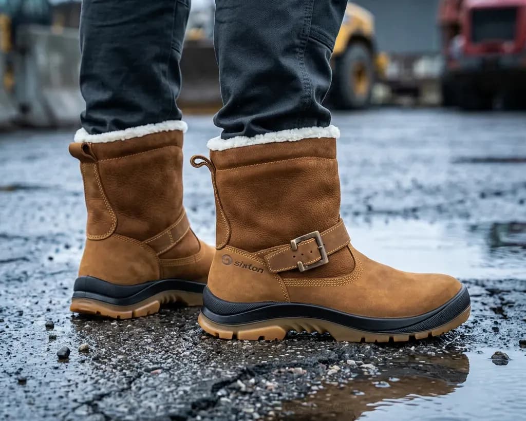 Atmospheric image of Sixton Moena Rust Brown Wool on a wet construction site