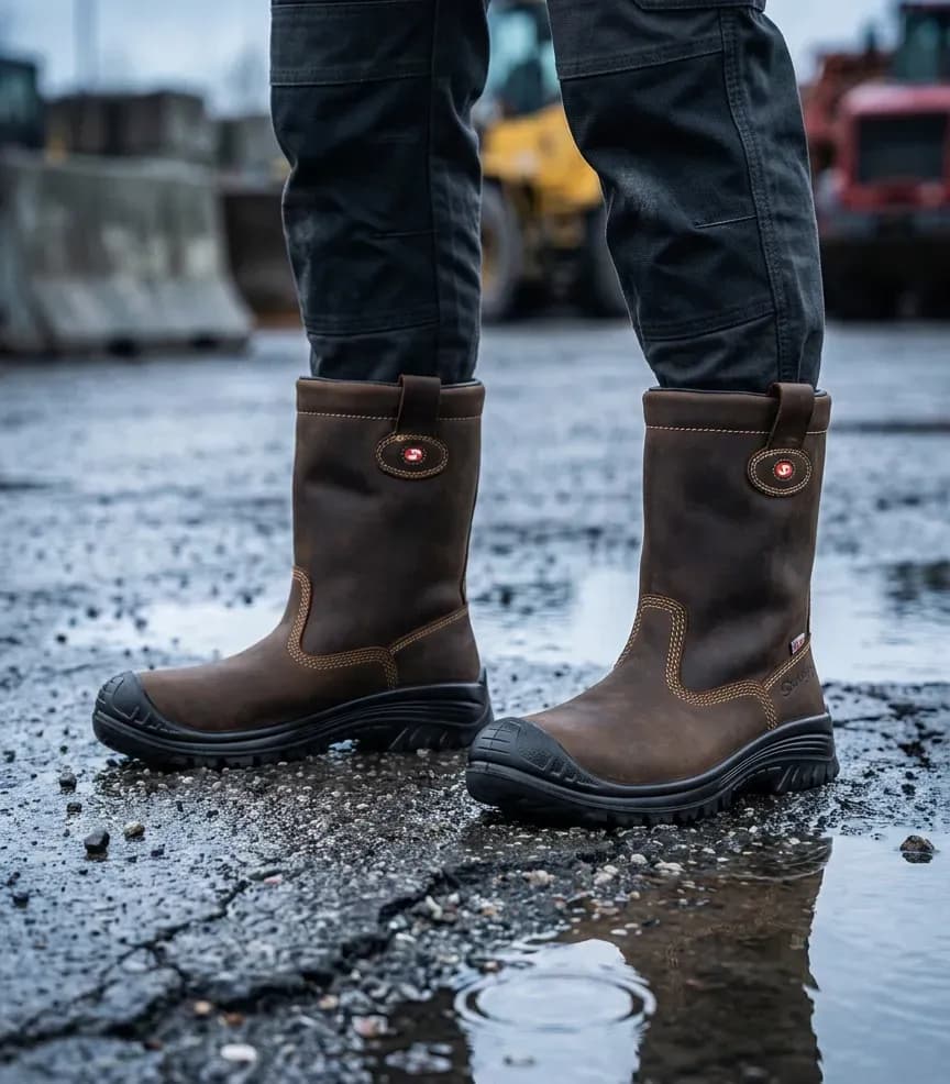 Atmospheric image Sixton Montana 23L dark brown HDry Wool on a wet construction site
