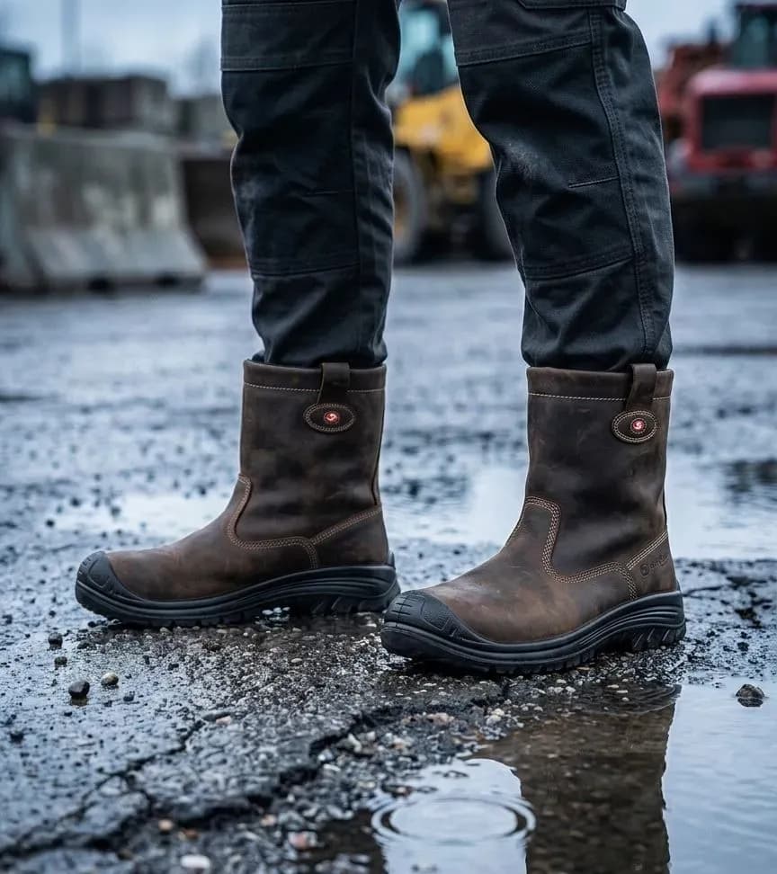 Sfeerafbeelding Sixton Montana Wol Donkerbruin op natte bouwplaats